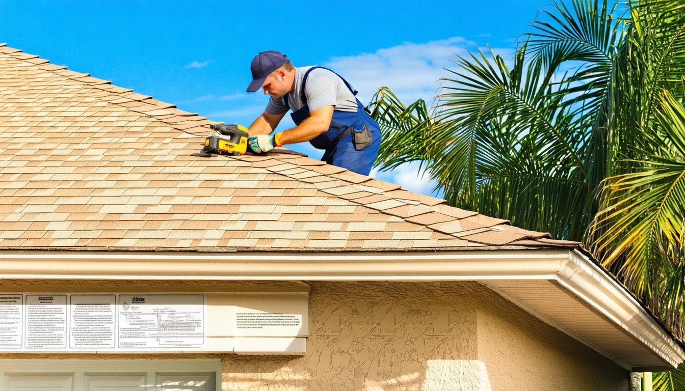 A Florida home with a sturdy roof being inspected for tie-down checks, showcasing a professional using tools to assess the structural integrity. The r
