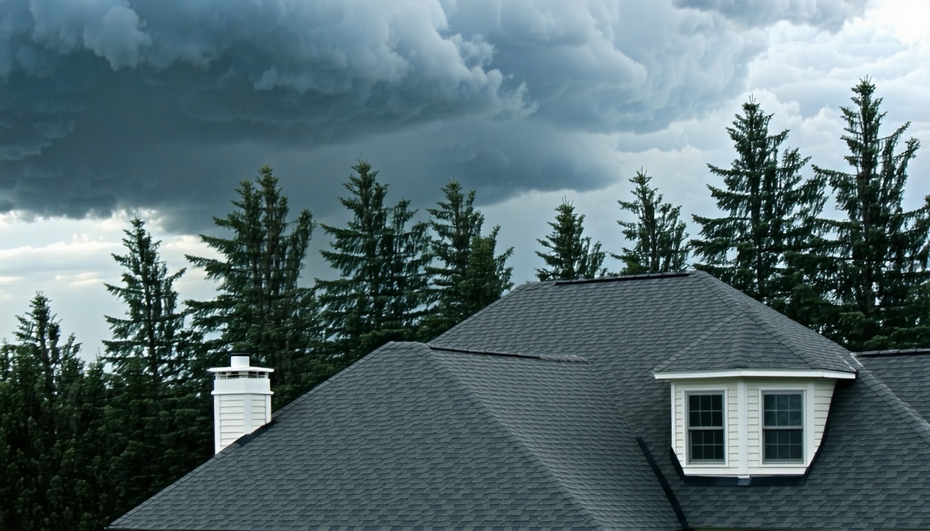 A detailed illustration of a residential roofing system designed for high wind areas. The roof features a sloped, aerodynamic shape with reinforced sh