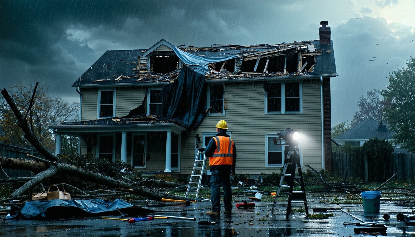 A dramatic scene depicting a house with a damaged roof after a storm. The sky is overcast with dark storm clouds, and rain is visibly falling. The roo