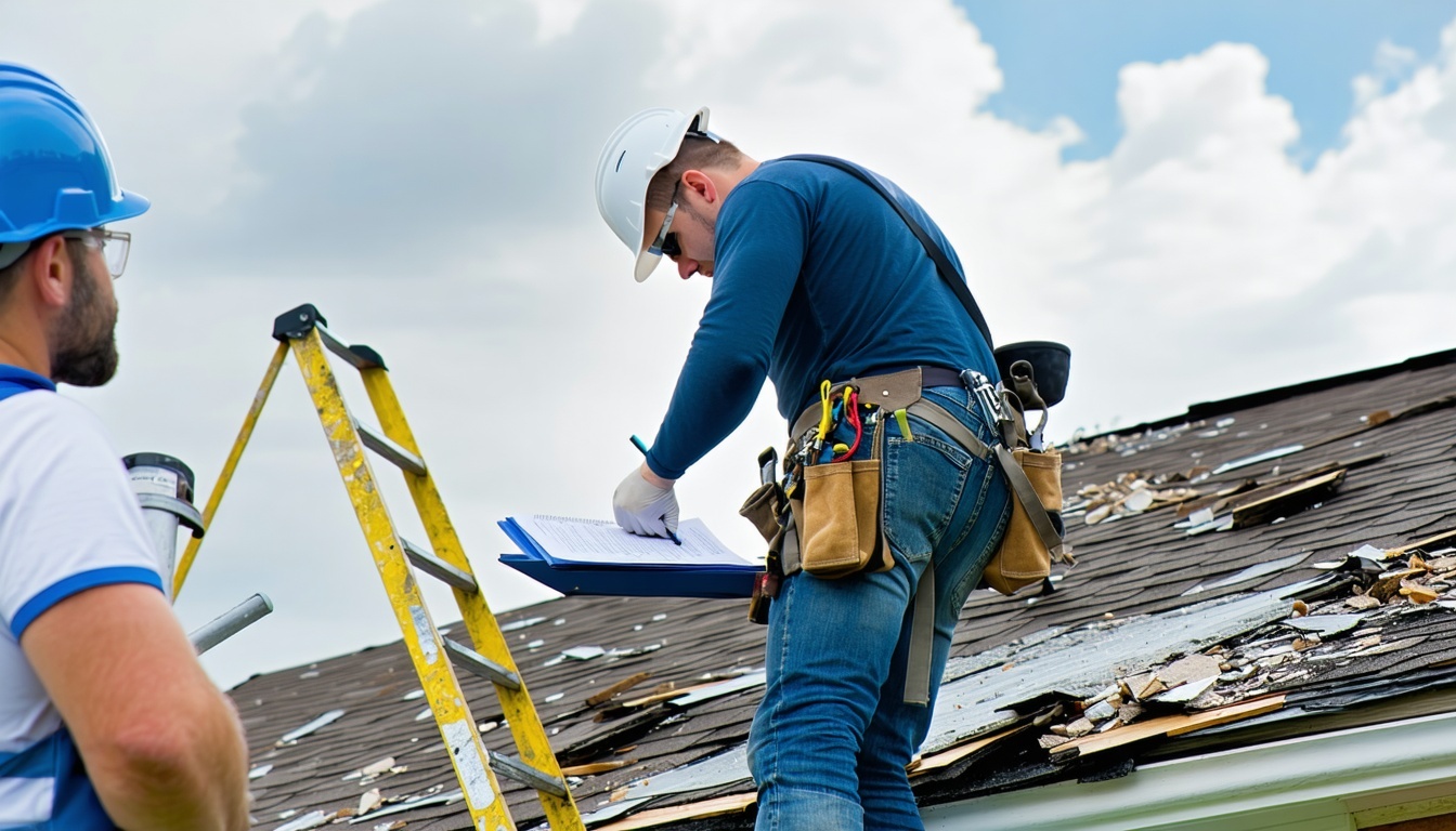 A professional roofer inspecting a residential roof after a storm, wearing safety gear including a hard hat and harness. The roof shows visible signs 