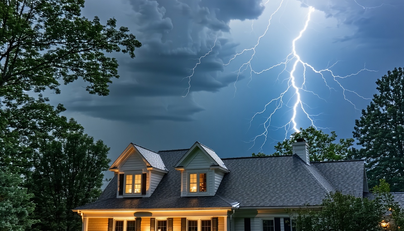 A rugged residential roof designed to withstand extreme weather conditions, featuring reinforced shingles and a sturdy underlayment. The scene include