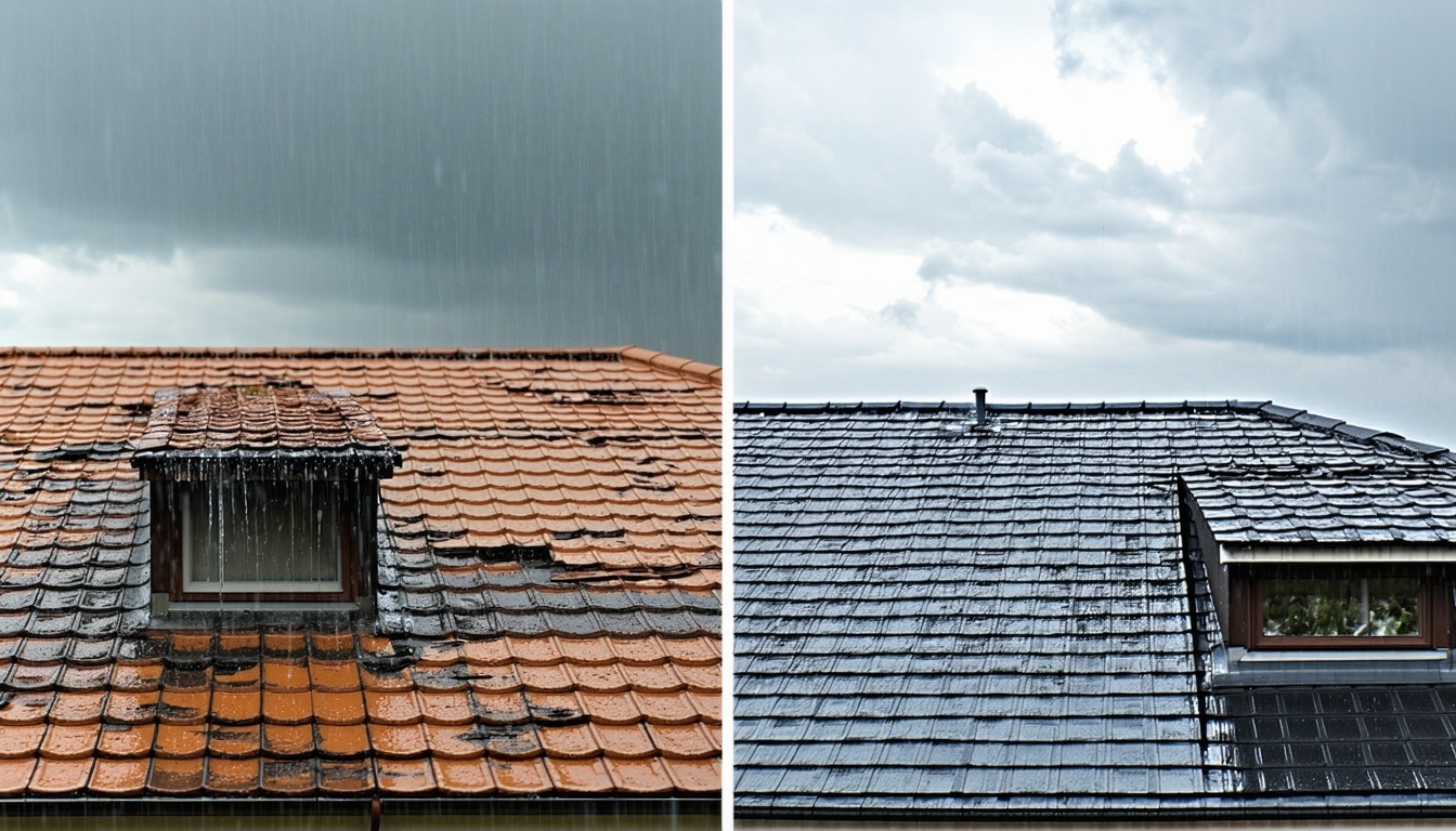 A split image showcasing a residential roof during a monsoon season. On one side, a well-maintained roof with vibrant shingles and clear skies. On the