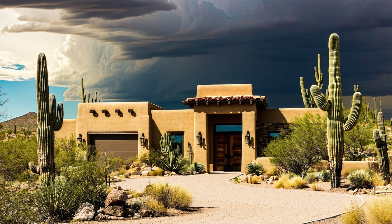 A sun-drenched Arizona landscape featuring a traditional southwestern home with a flat roof, showcasing a UV-resistant coating glistening under the in