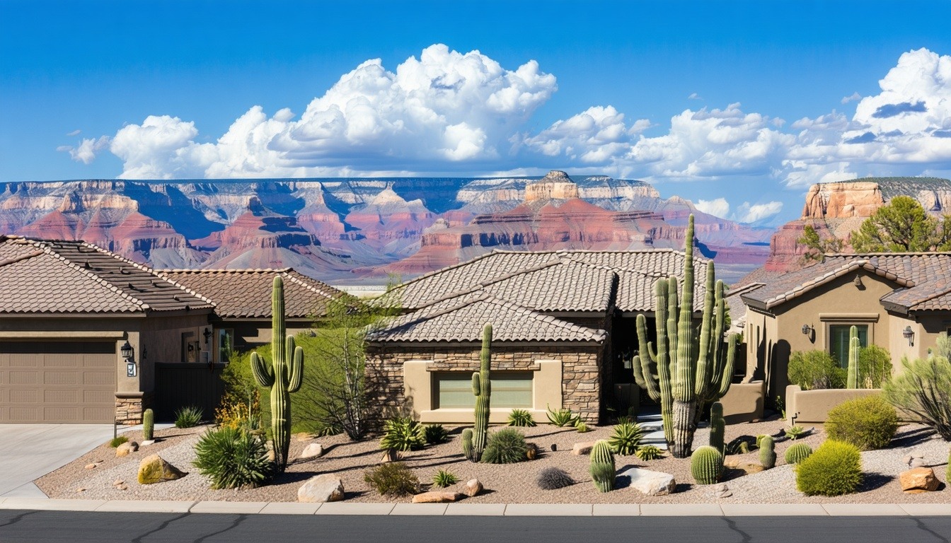 A vibrant Arizona landscape featuring the Grand Canyon in the background, with a bright blue sky and scattered clouds. In the foreground, a variety of