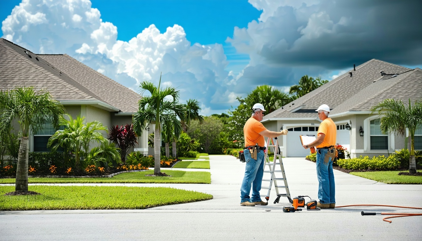 A vibrant and detailed scene depicting a Florida neighborhood in early June, showcasing a mix of residential homes with various roofing types, includi