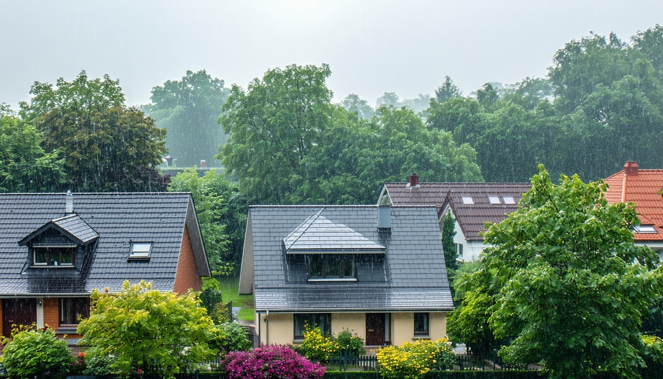 A vibrant landscape showcasing a variety of roofing materials suitable for rainy climates. The scene features a suburban neighborhood with houses topp