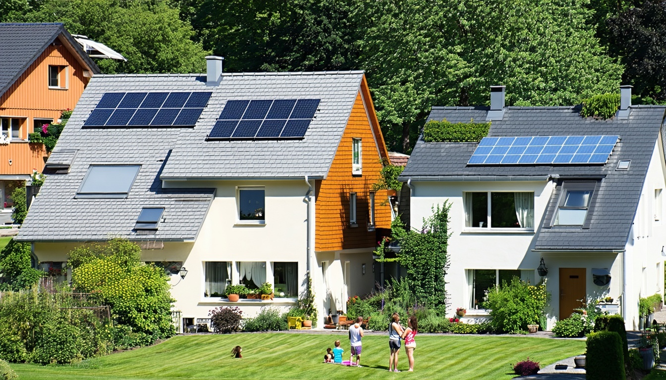 A vibrant neighborhood showcasing a variety of homes with energy-efficient roofs. The roofs are made of materials like cool metal, reflective shingles