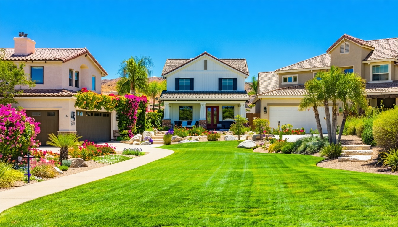A vibrant, sunlit landscape featuring a variety of houses representing homeowners in Southeast and Southwest regions of the U.S., including Arizona, F