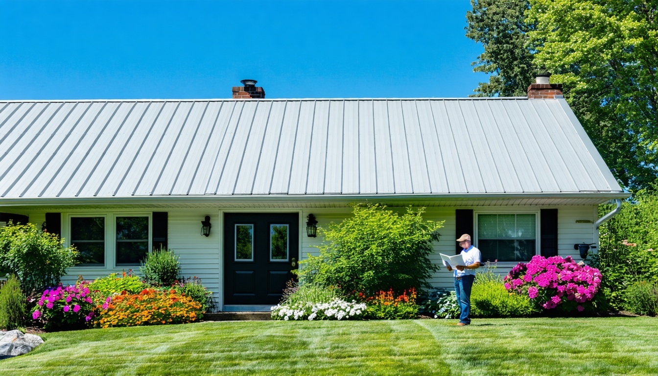 A visually appealing metal roof with a standing seam design, showcasing a slight waviness indicative of oil canning. The roof is set against a clear b
