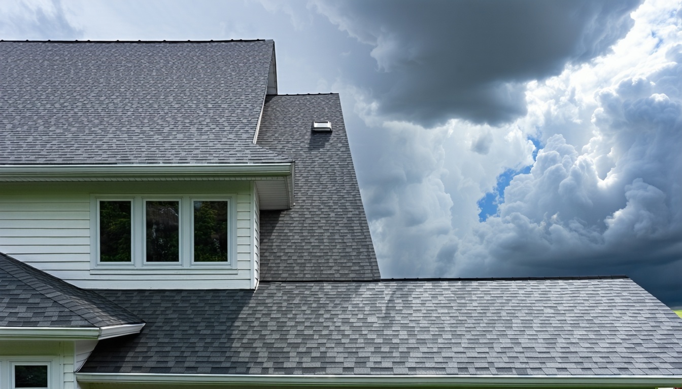 A visually striking image of a residential home with a newly installed roof, showcasing shingles glistening after a recent rain. In the foreground, a 