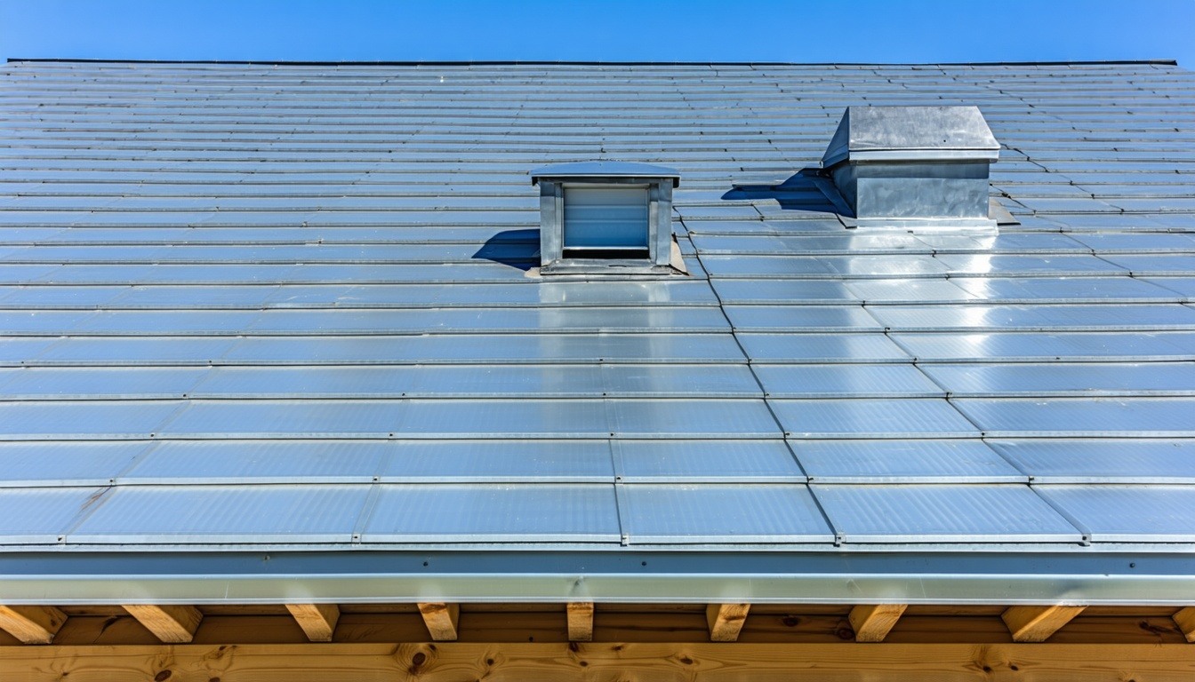 The image features a close-up view of a metal roofing system, showcasing its various essential components. The roof panels are made of sleek, galvaniz