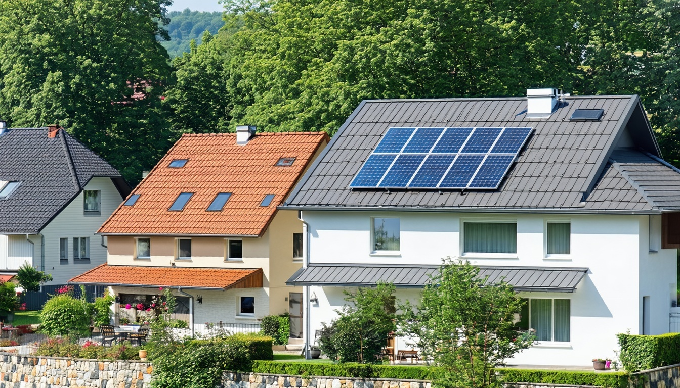 A serene suburban neighborhood with various homes showcasing distinct styles, all featuring metal roofs in different colors and textures. Some roofs a